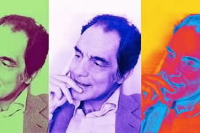 Tre fotografie affiancate, modificate con filtri colorati, di Italo Calvino.